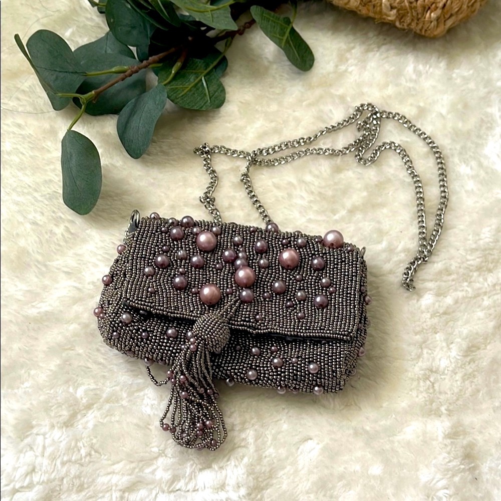 Zara Gray Metallic Clutch with Chain Strap